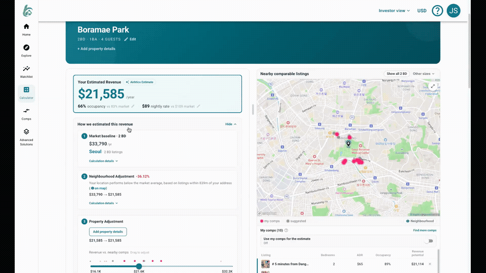 Airbtics calculator adjusting estimated revenue using market data, neighbourhood performance and property characteristics.