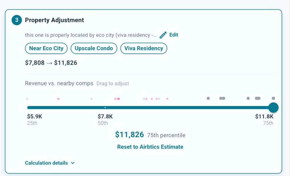 Airbtics property description and recommended performance percentile for an Airbnb revenue estimate.