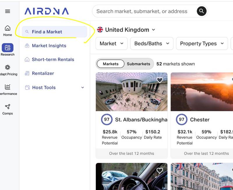 AirDNA Find a Market screen comparing markets and submarkets within a selected country.