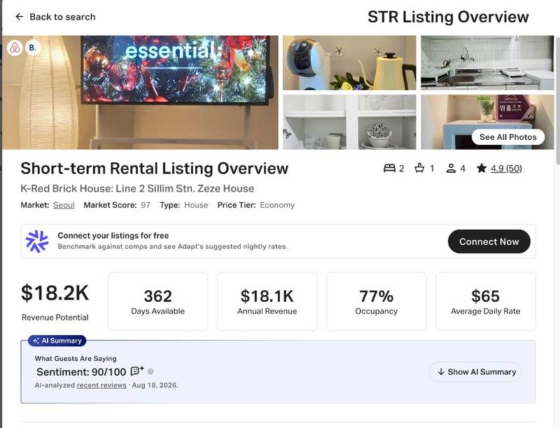 AirDNA listing overview for the Seoul comparable, showing $18.2K revenue potential, 77% occupancy and $65 average daily rate.