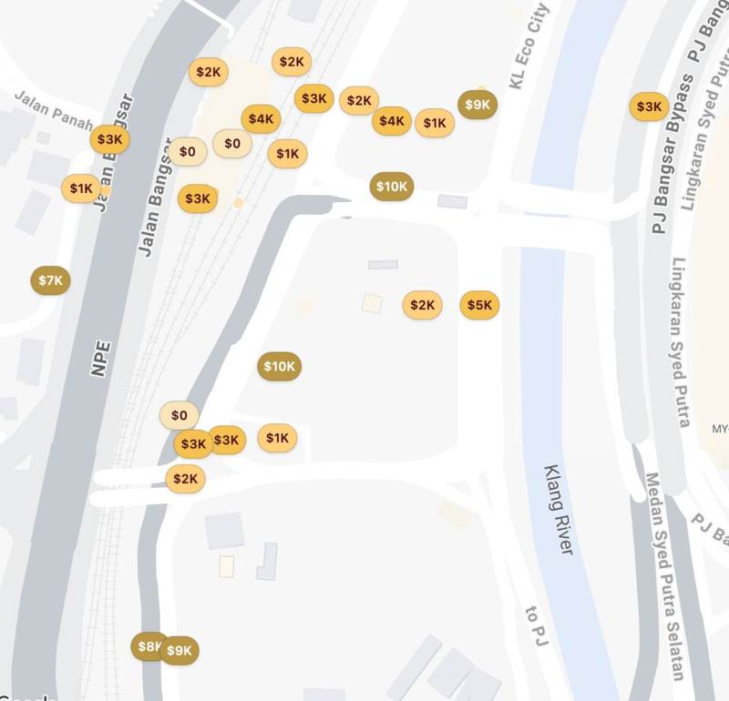AirROI map of Mid Valley, Kuala Lumpur, showing nearby listings with low estimated revenue, including several at $0 to $3,000.