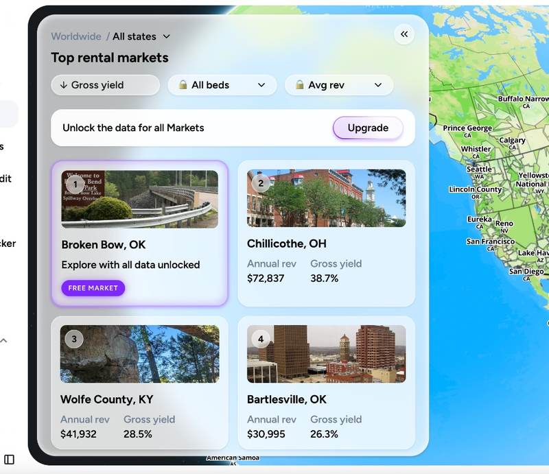 BNBCalc top rental markets ranked by gross yield, showing US markets such as Broken Bow, Chillicothe, Wolfe County and Bartlesville.