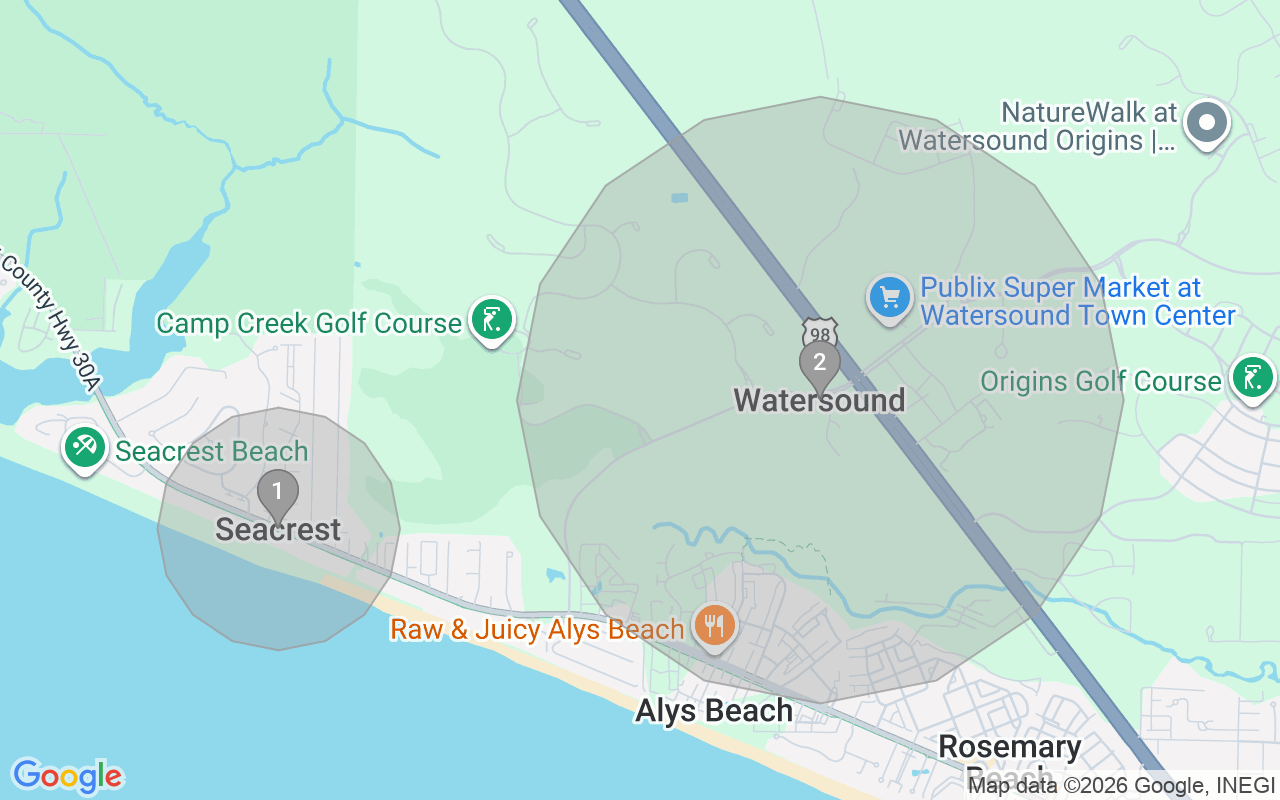 Map of Airbnb guest-review hotspots in 30A East with location premium circles