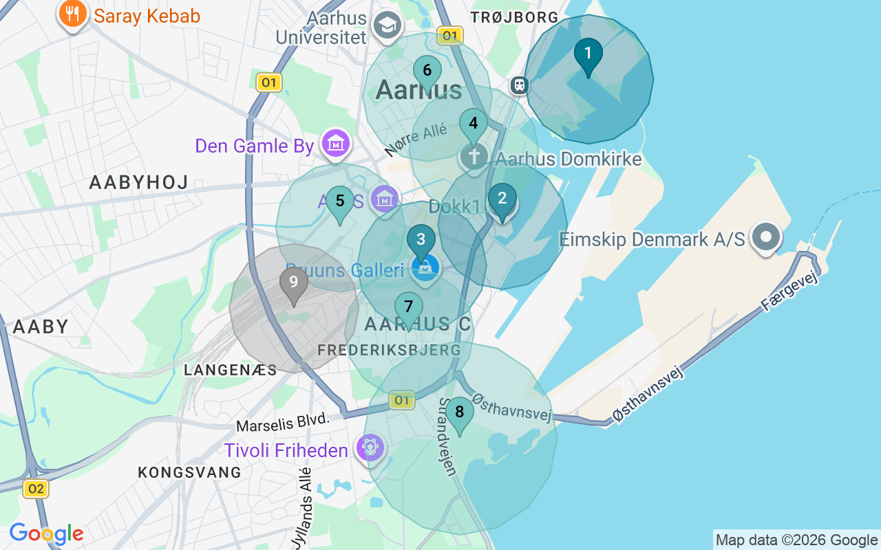 Map of Airbnb guest-review hotspots in Aarhus with location premium circles