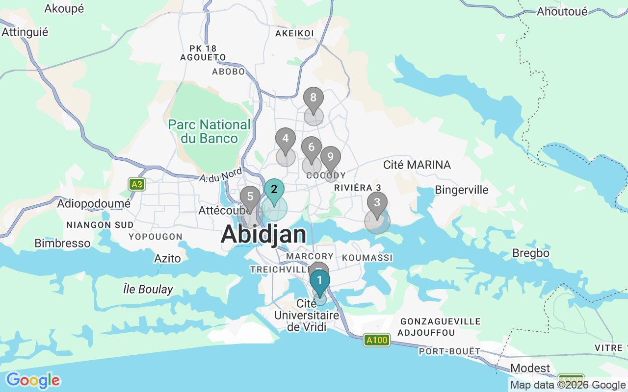 Map of Airbnb guest-review hotspots in abidjan with location premium circles