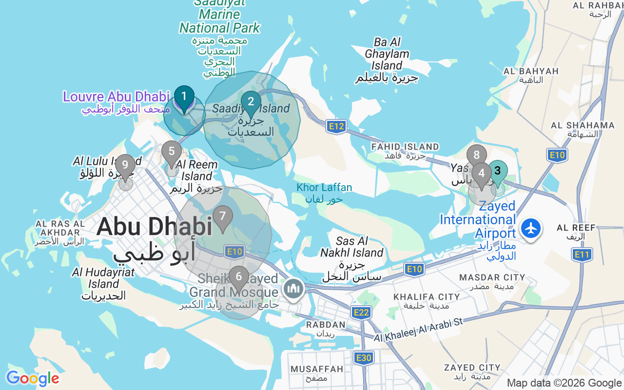 Map of Airbnb guest-review hotspots in Abu Dhabi with location premium circles