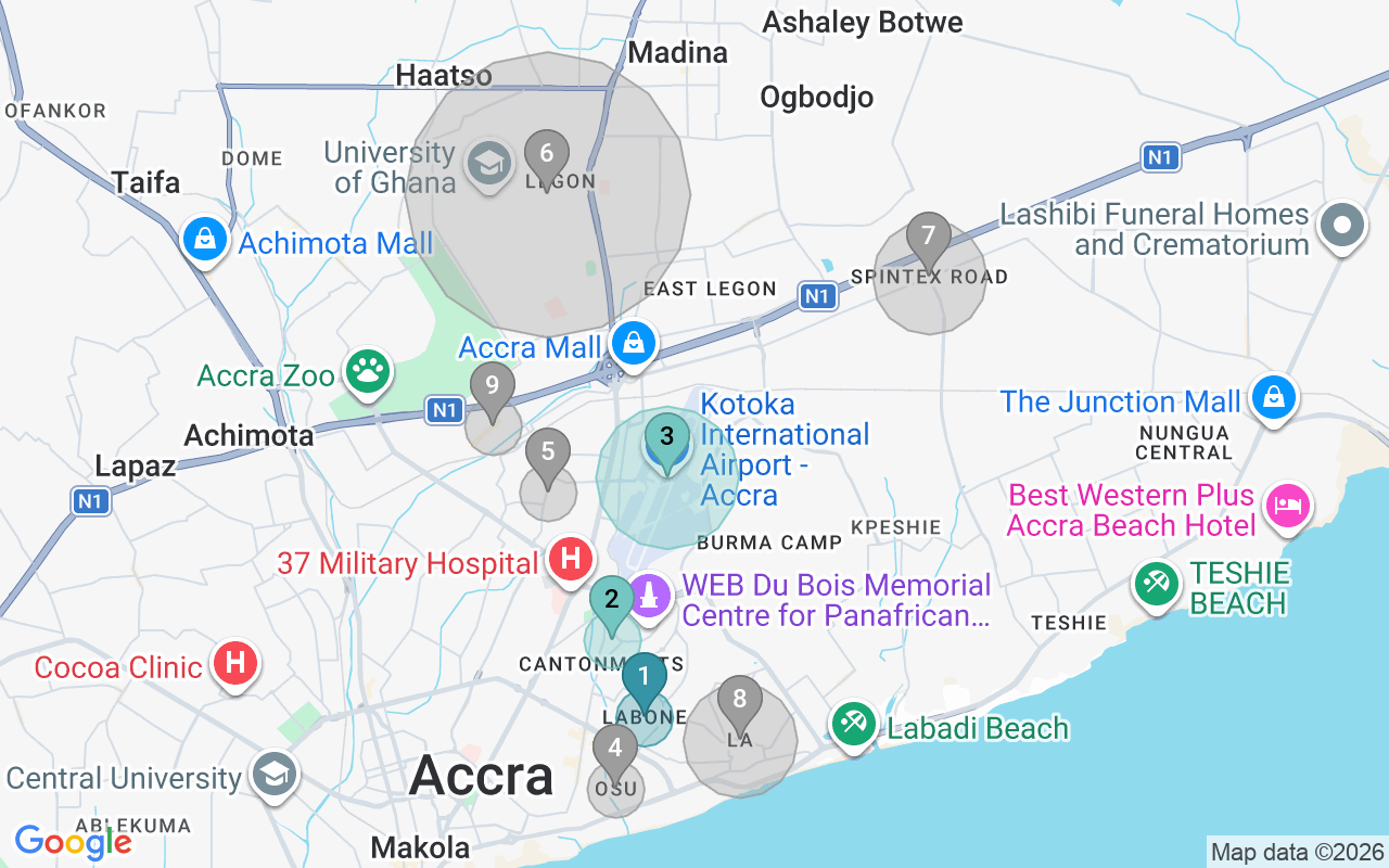 Map of Airbnb guest-review hotspots in Accra with location premium circles