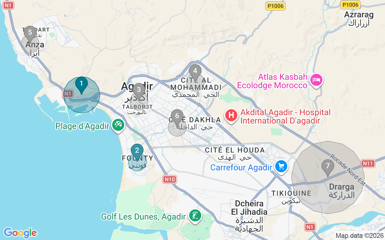 Map of Airbnb guest-review hotspots in Agadir with location premium circles