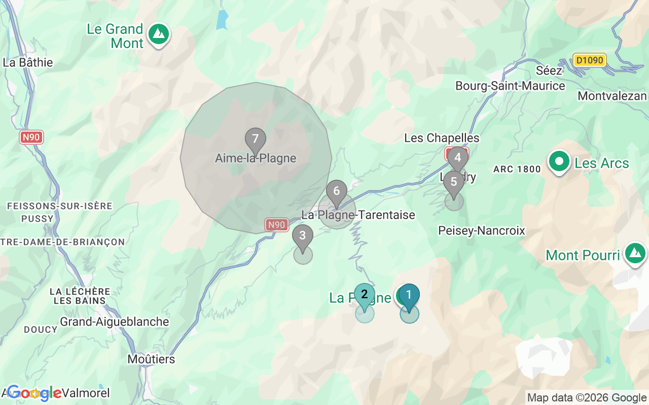 Map of Airbnb guest-review hotspots in Aime with location premium circles