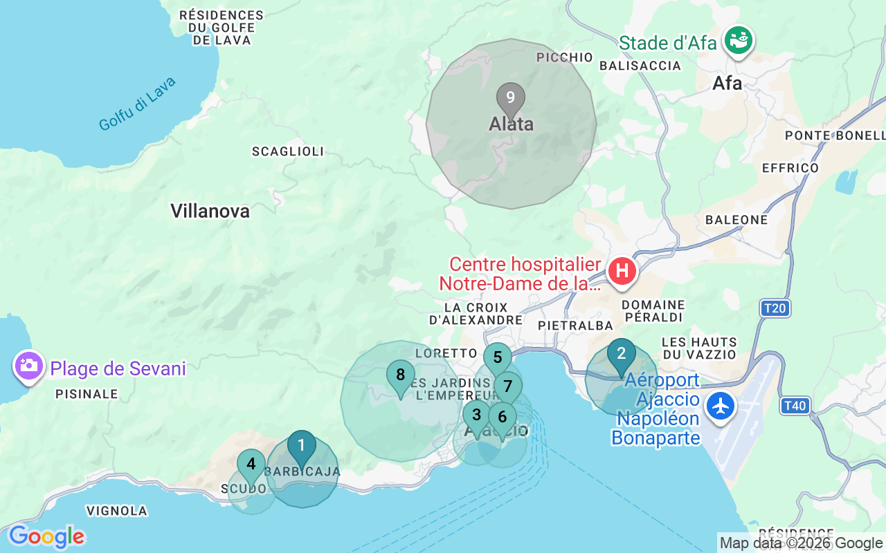 Map of Airbnb guest-review hotspots in Ajaccio with location premium circles