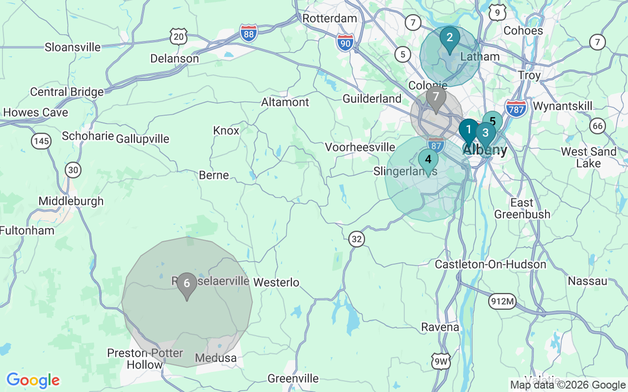 Map of Airbnb guest-review hotspots in Albany with location premium circles