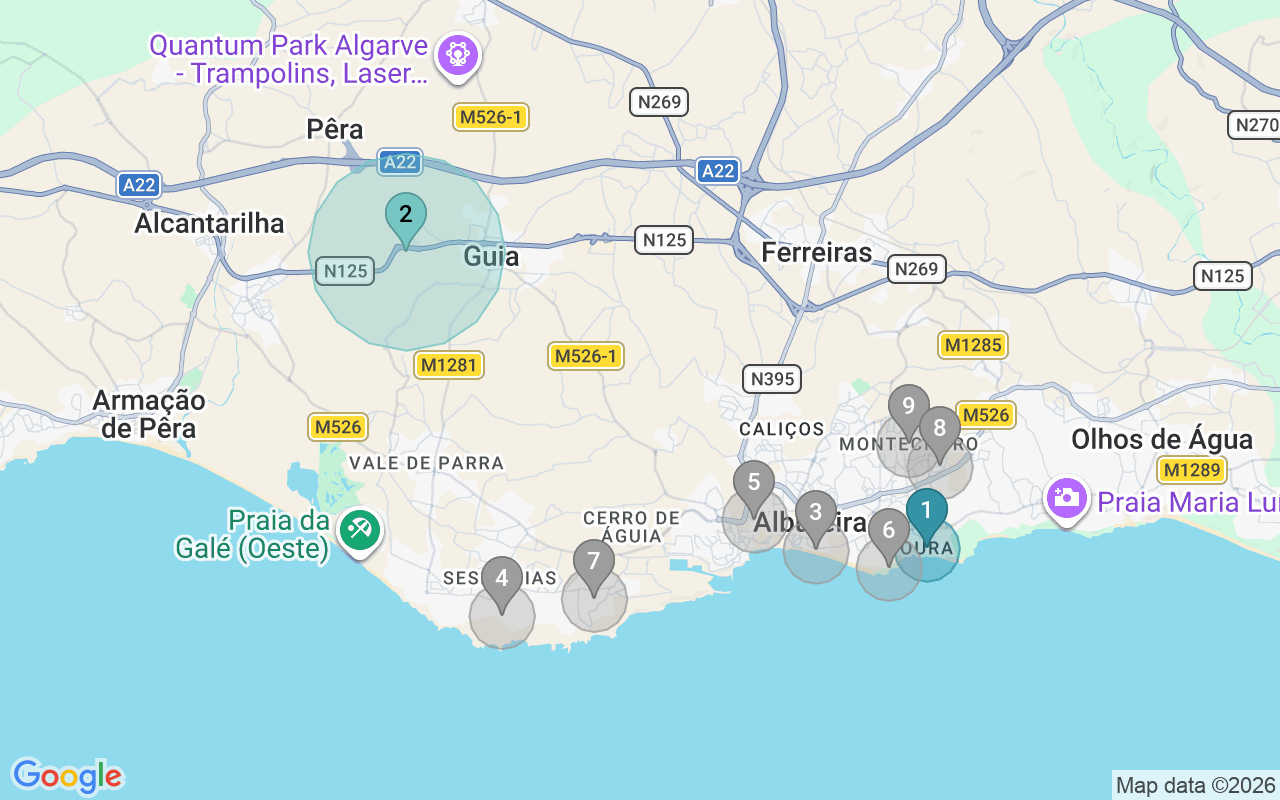 Map of Airbnb guest-review hotspots in Albufeira with location premium circles