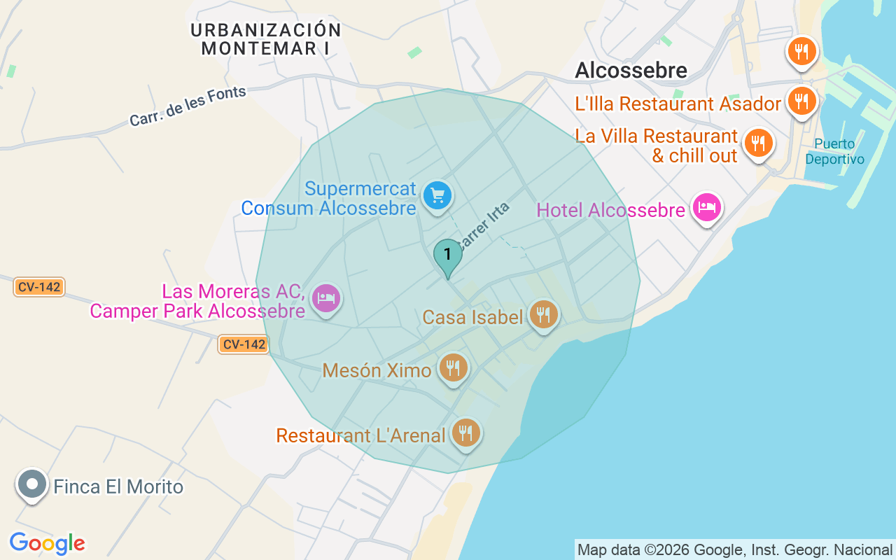 Map of Airbnb guest-review hotspots in Alcossebre with location premium circles
