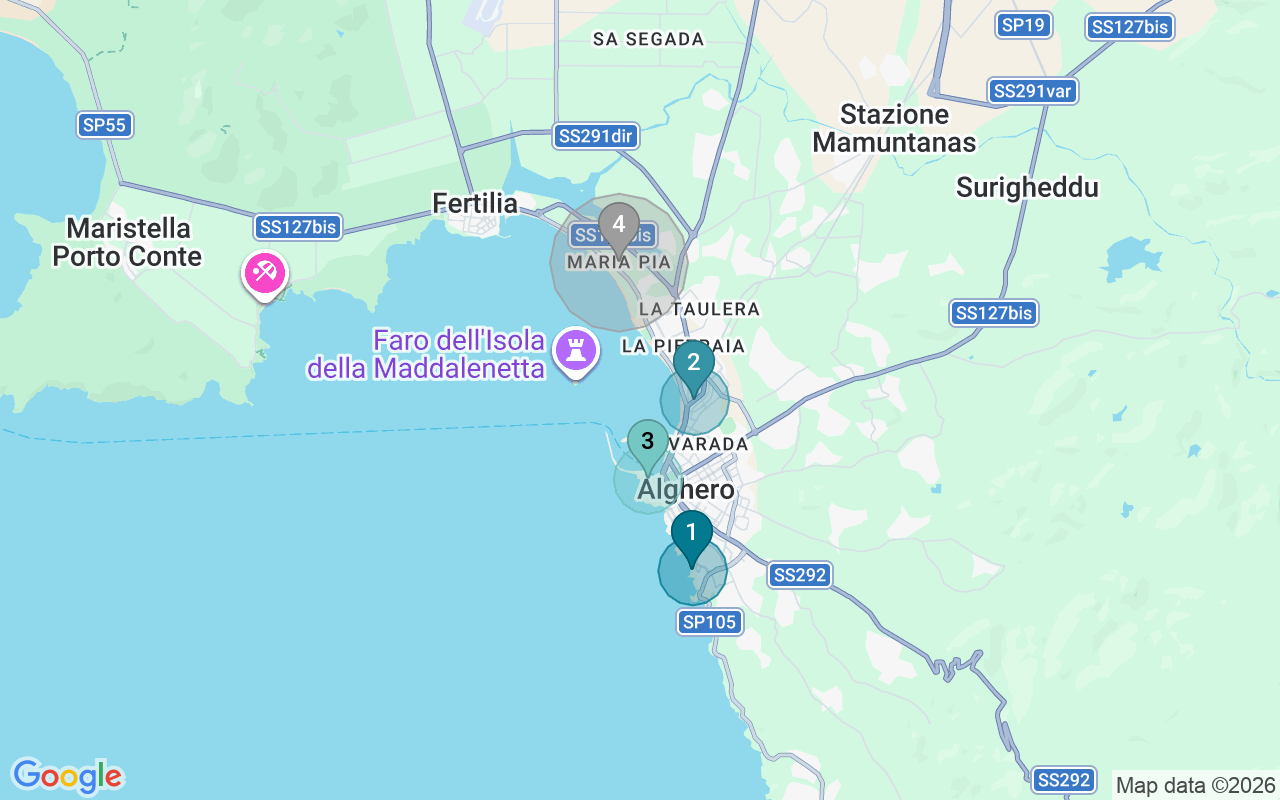 Map of Airbnb guest-review hotspots in Alghero with location premium circles