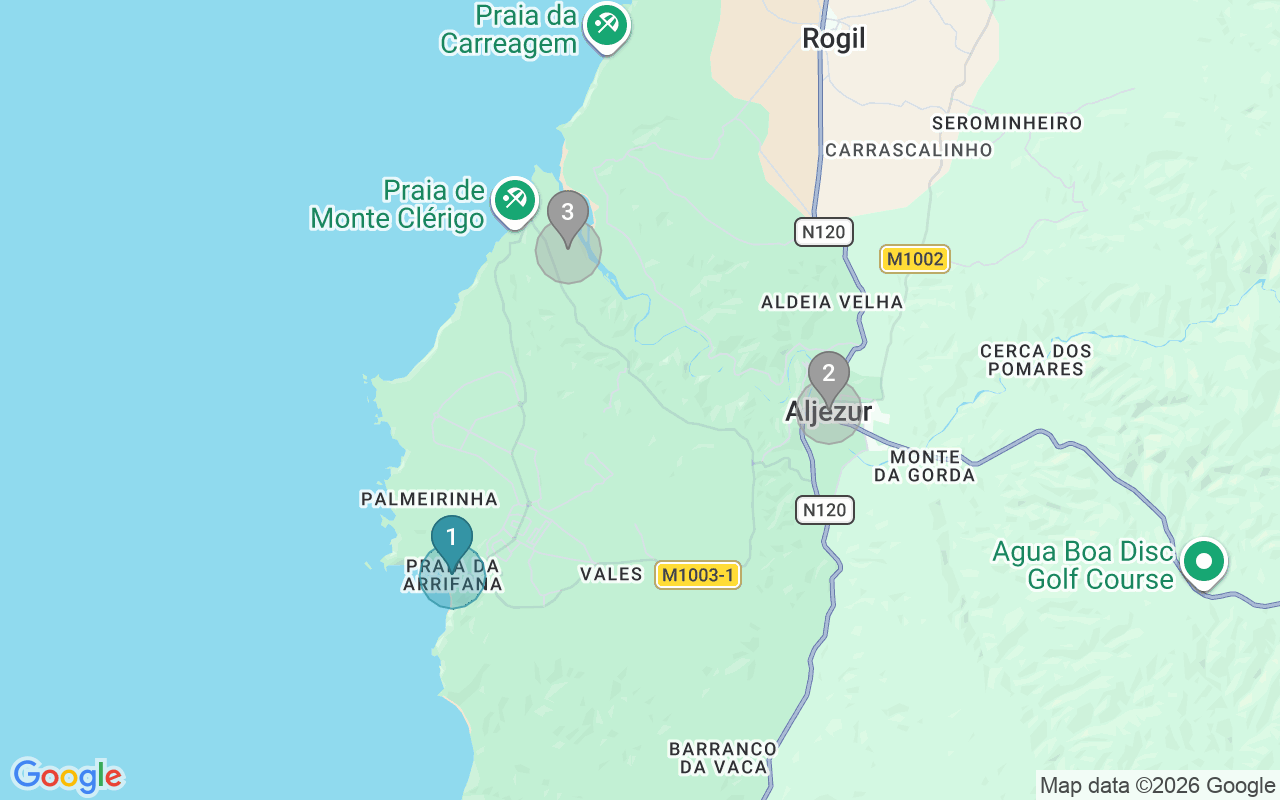 Map of Airbnb guest-review hotspots in Aljezur with location premium circles