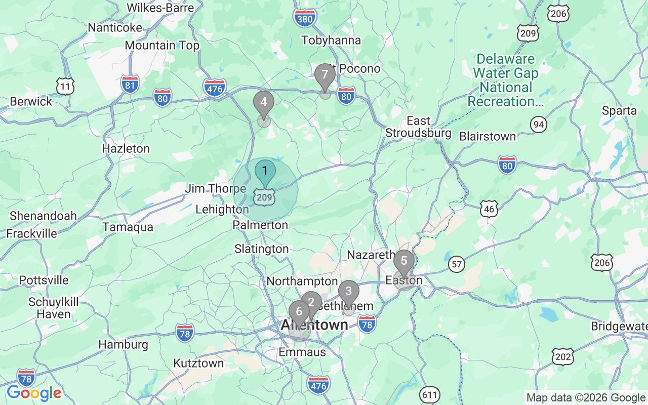 Map of Airbnb guest-review hotspots in Allentown-Bethlehem-Easton with location premium circles