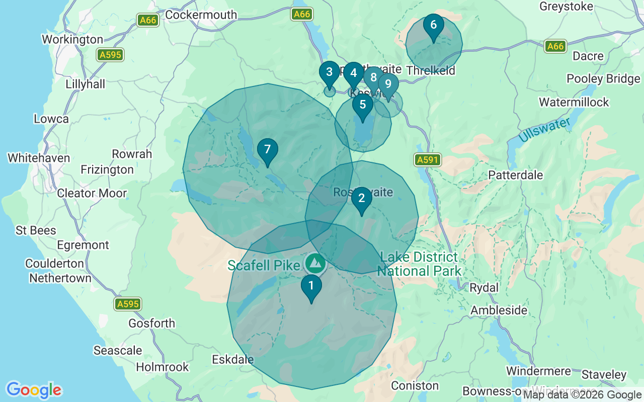 Map of Airbnb guest-review hotspots in Allerdale with location premium circles