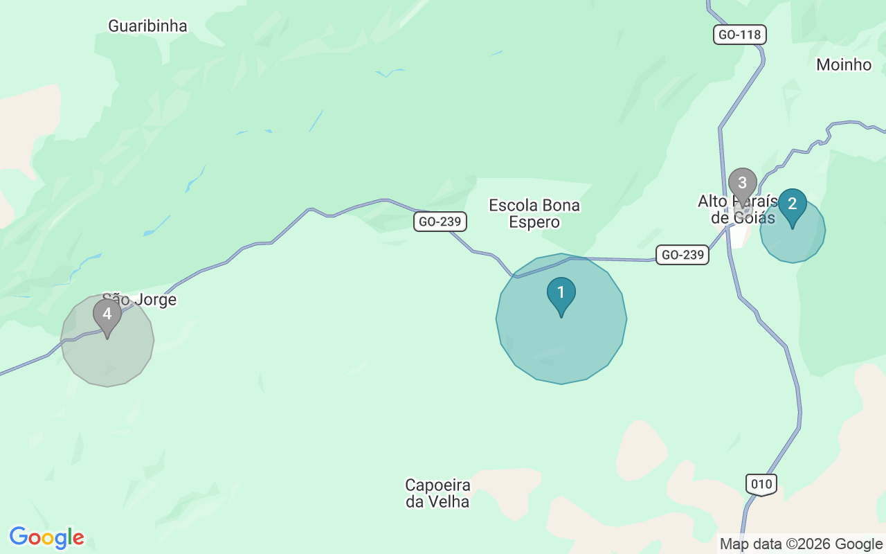 Map of Airbnb guest-review hotspots in Alto Paraíso De Goiás with location premium circles