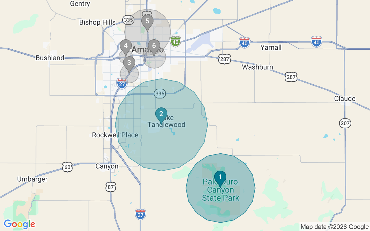 Map of Airbnb guest-review hotspots in Amarillo with location premium circles