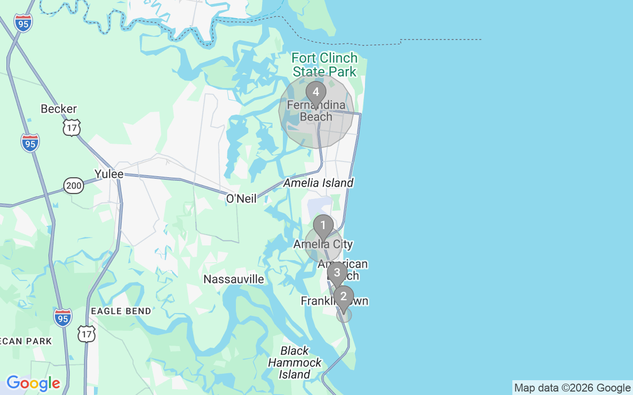 Map of Airbnb guest-review hotspots in Amelia Island with location premium circles