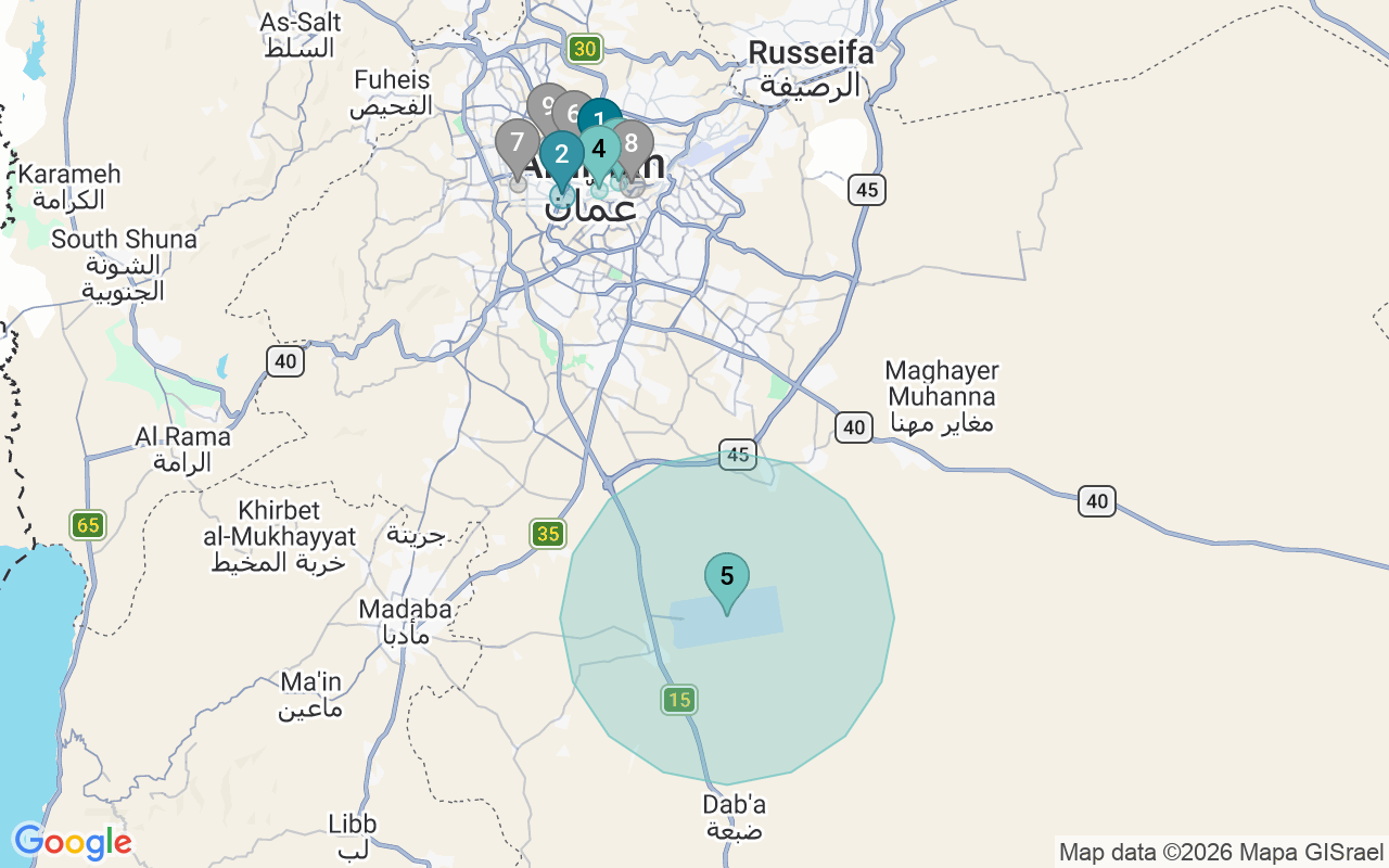 Map of Airbnb guest-review hotspots in Amman with location premium circles