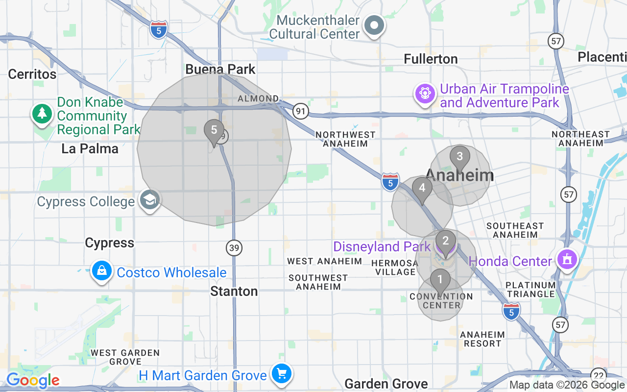Map of Airbnb guest-review hotspots in Anaheim with location premium circles