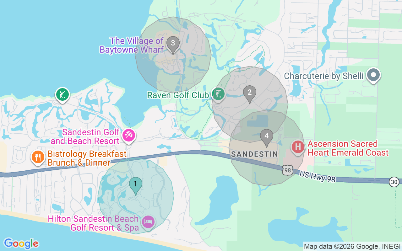 Map of Airbnb guest-review hotspots in Sandestin with location premium circles