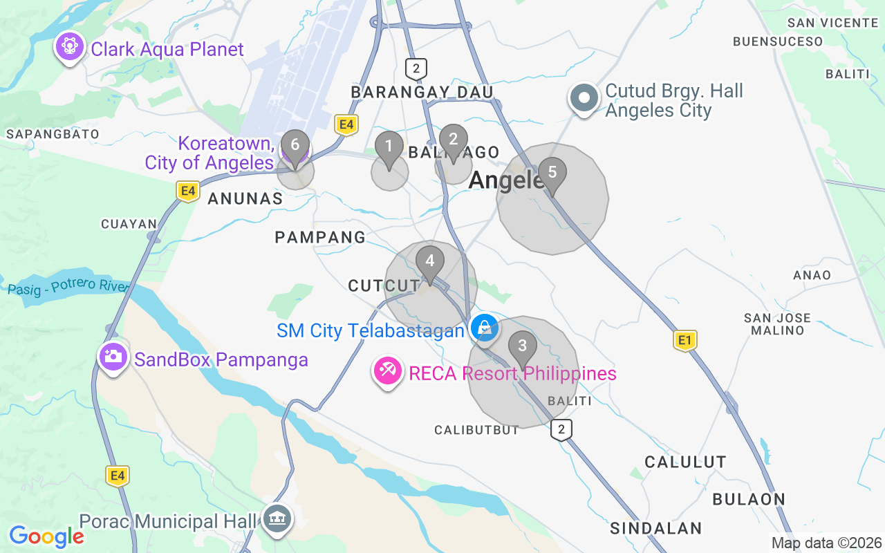 Map of Airbnb guest-review hotspots in Angeles with location premium circles