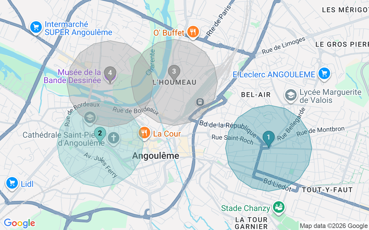 Map of Airbnb guest-review hotspots in Angouleme with location premium circles