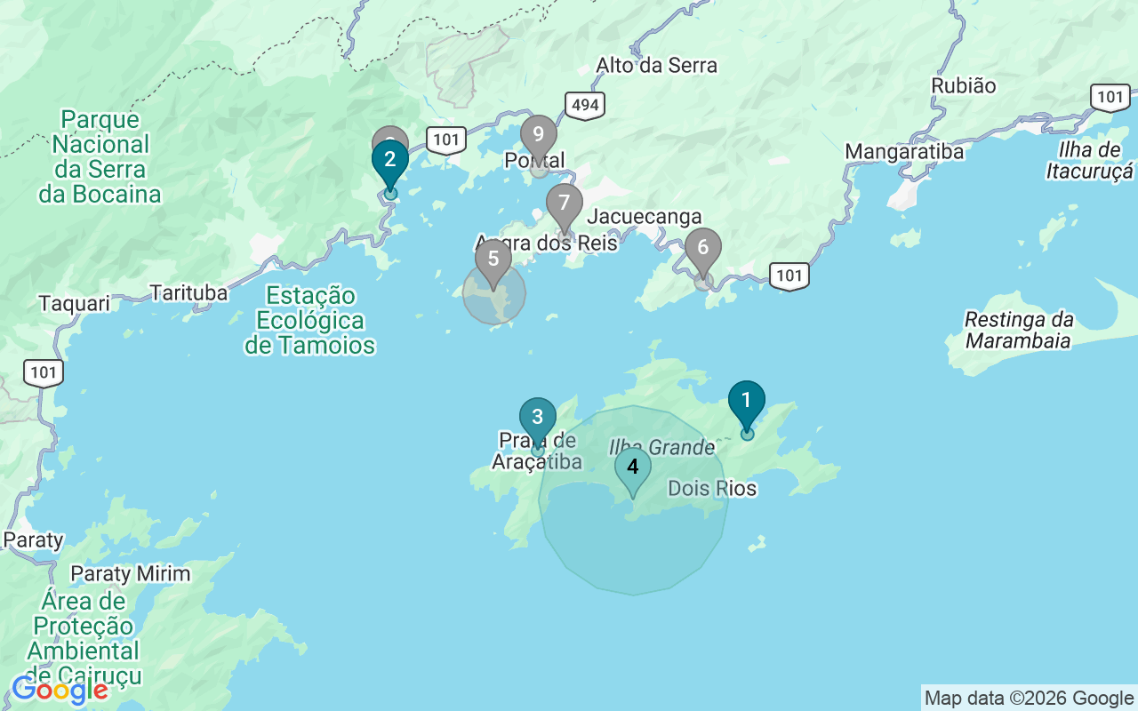 Map of Airbnb guest-review hotspots in Angra Dos Reis with location premium circles