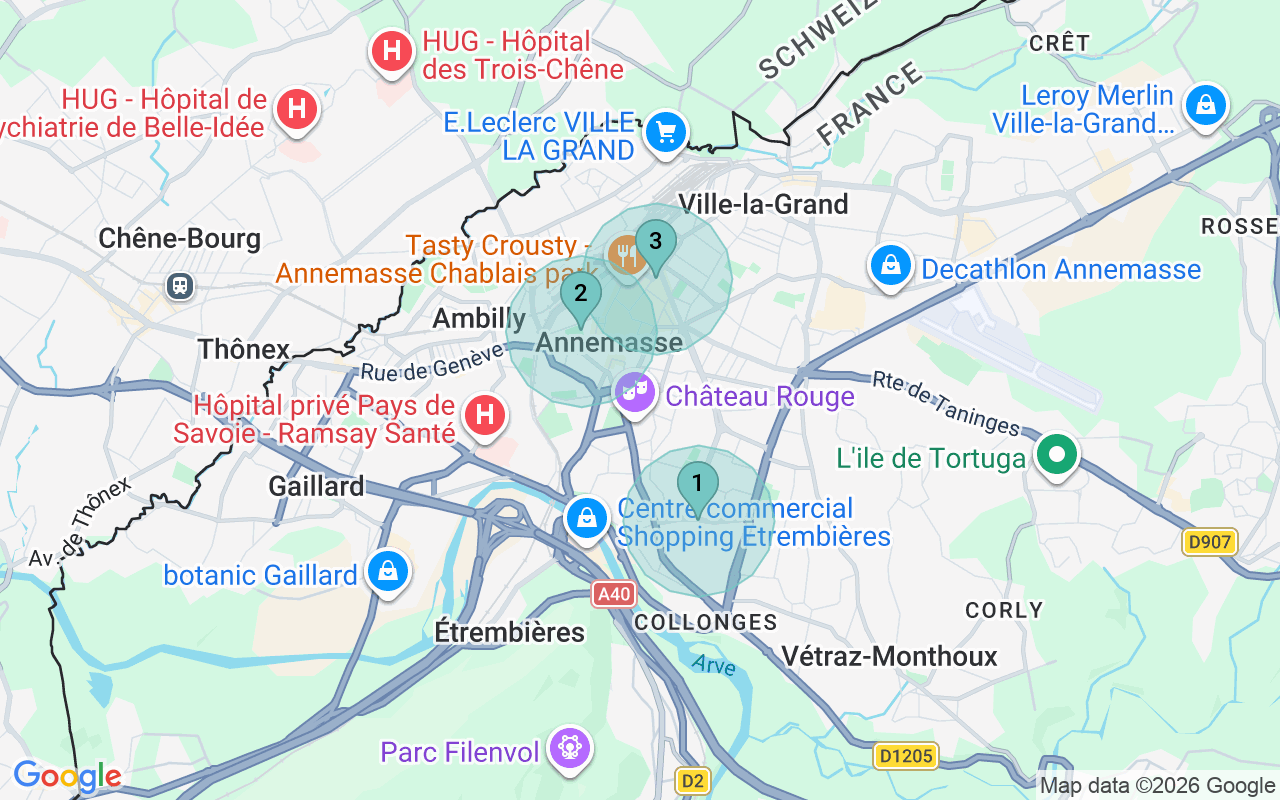 Map of Airbnb guest-review hotspots in Annemasse with location premium circles