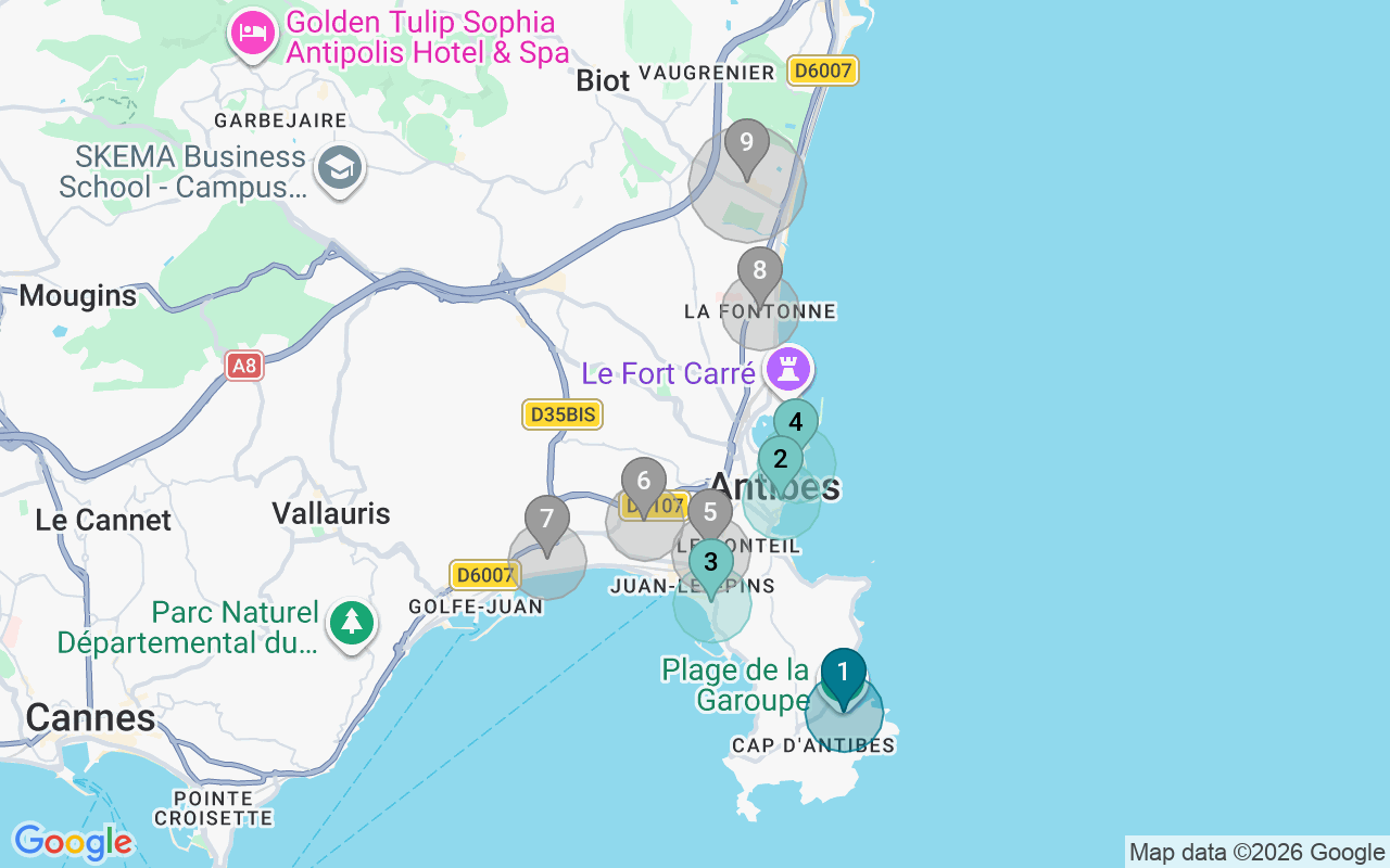 Map of Airbnb guest-review hotspots in Antibes with location premium circles