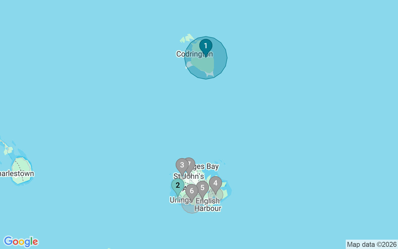 Map of Airbnb guest-review hotspots in Antigua and Barbuda with location premium circles