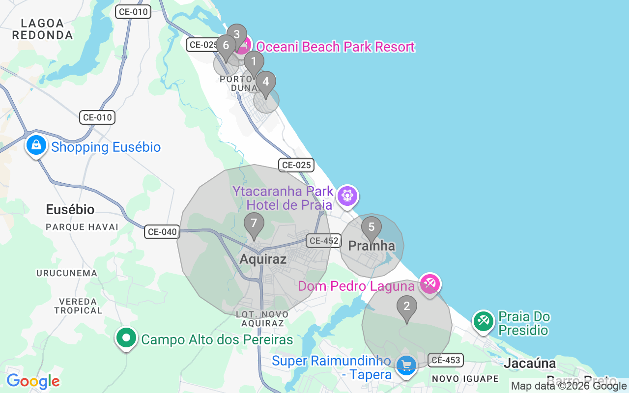 Map of Airbnb guest-review hotspots in Aquiraz with location premium circles