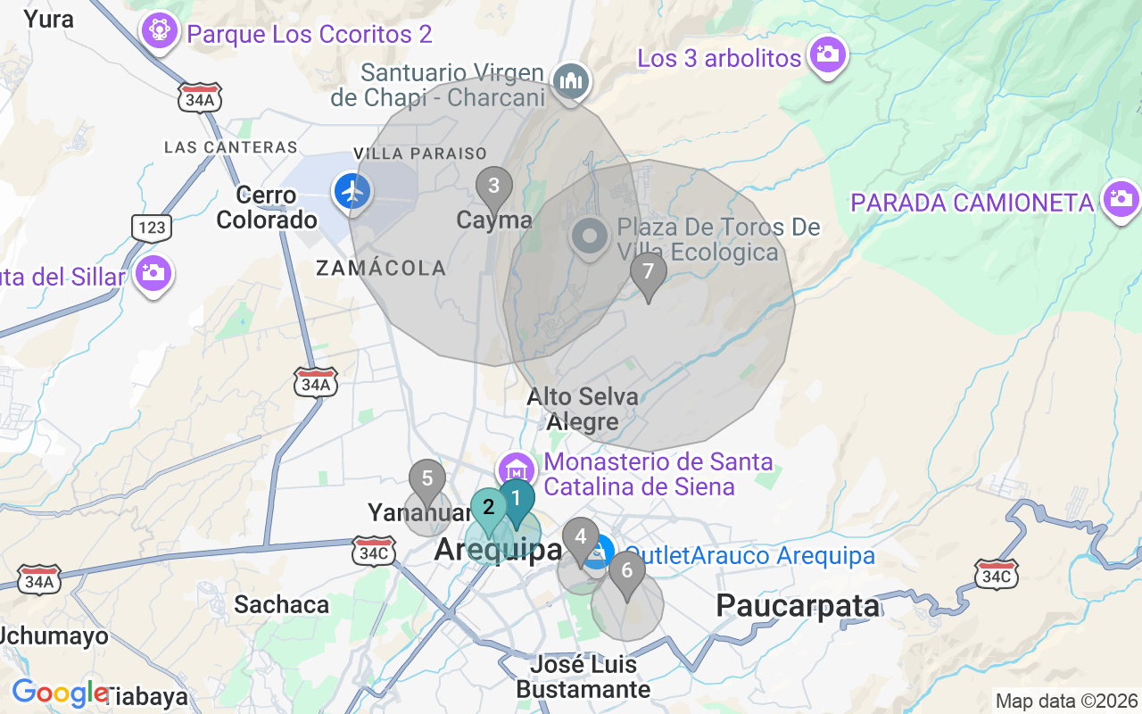 Map of Airbnb guest-review hotspots in Arequipa with location premium circles