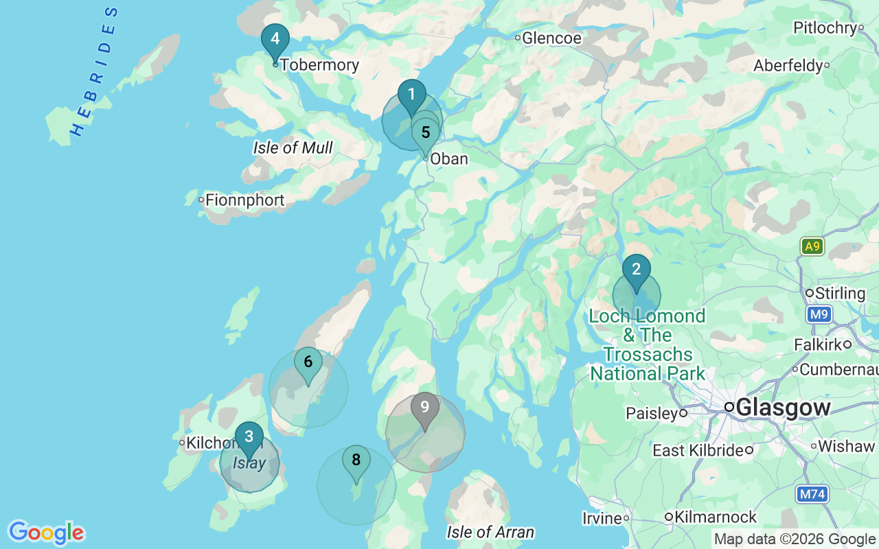 Map of Airbnb guest-review hotspots in Argyll and bute with location premium circles