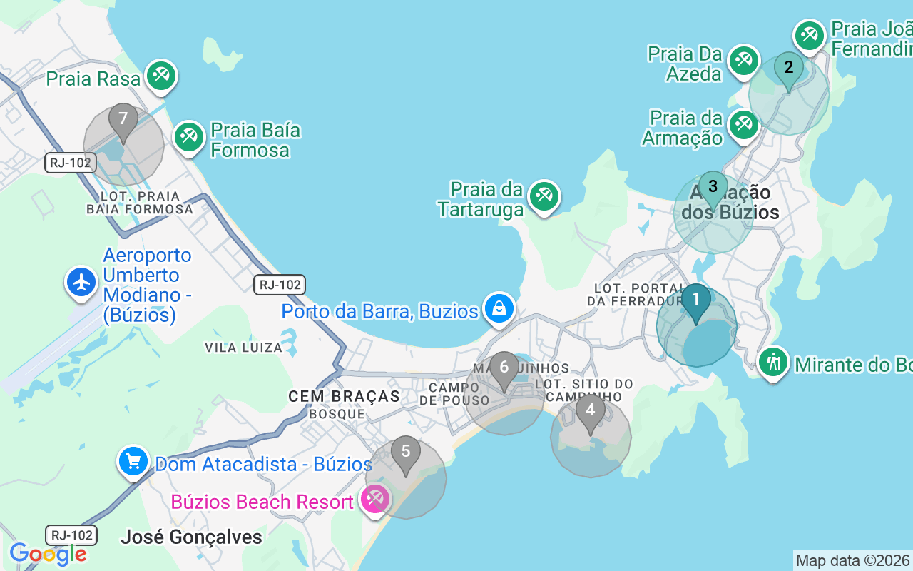 Map of Airbnb guest-review hotspots in Armação Dos Búzios with location premium circles