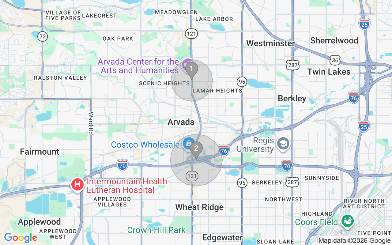 Map of Airbnb guest-review hotspots in Arvada with location premium circles