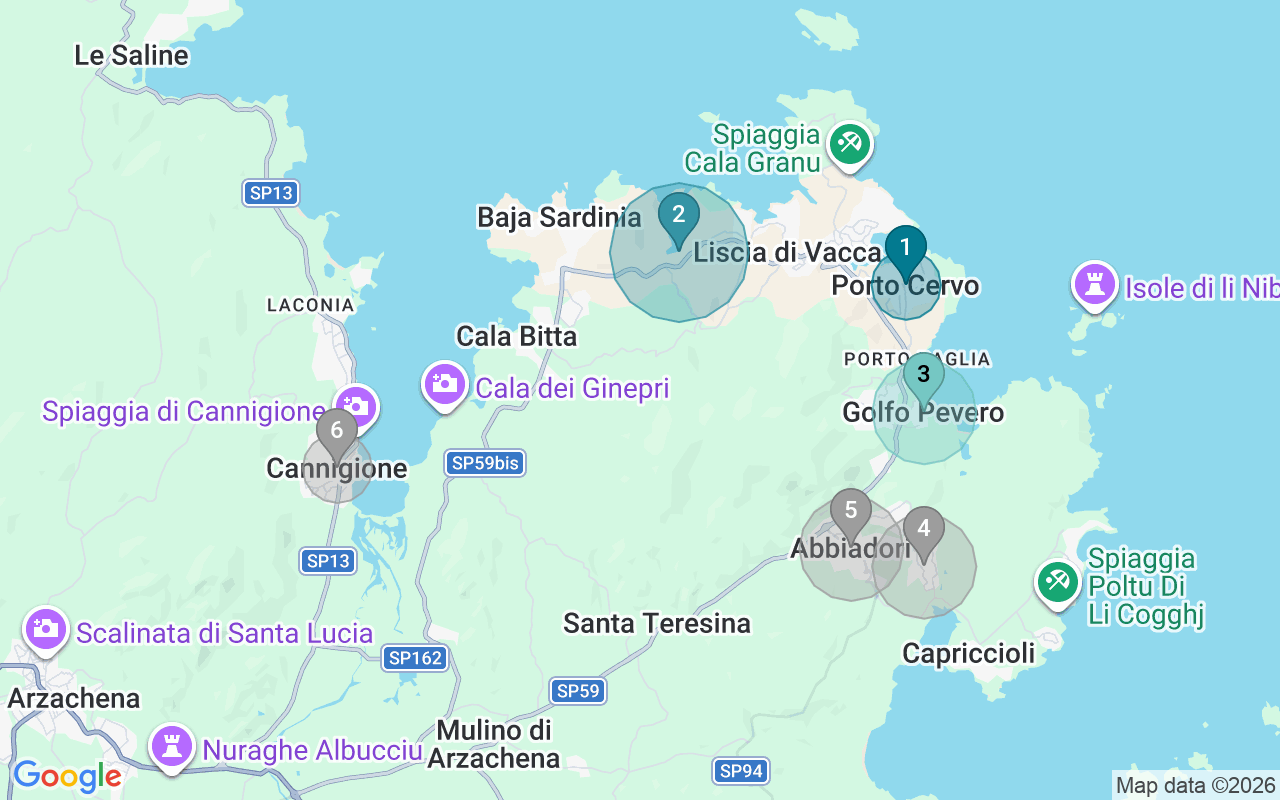 Map of Airbnb guest-review hotspots in Arzachena with location premium circles