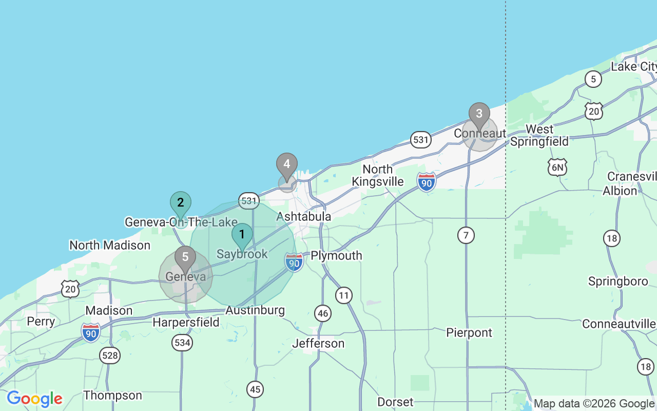 Map of Airbnb guest-review hotspots in Ashtabula with location premium circles