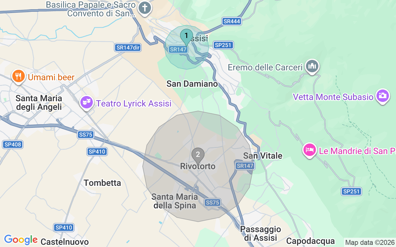 Map of Airbnb guest-review hotspots in Assisi with location premium circles