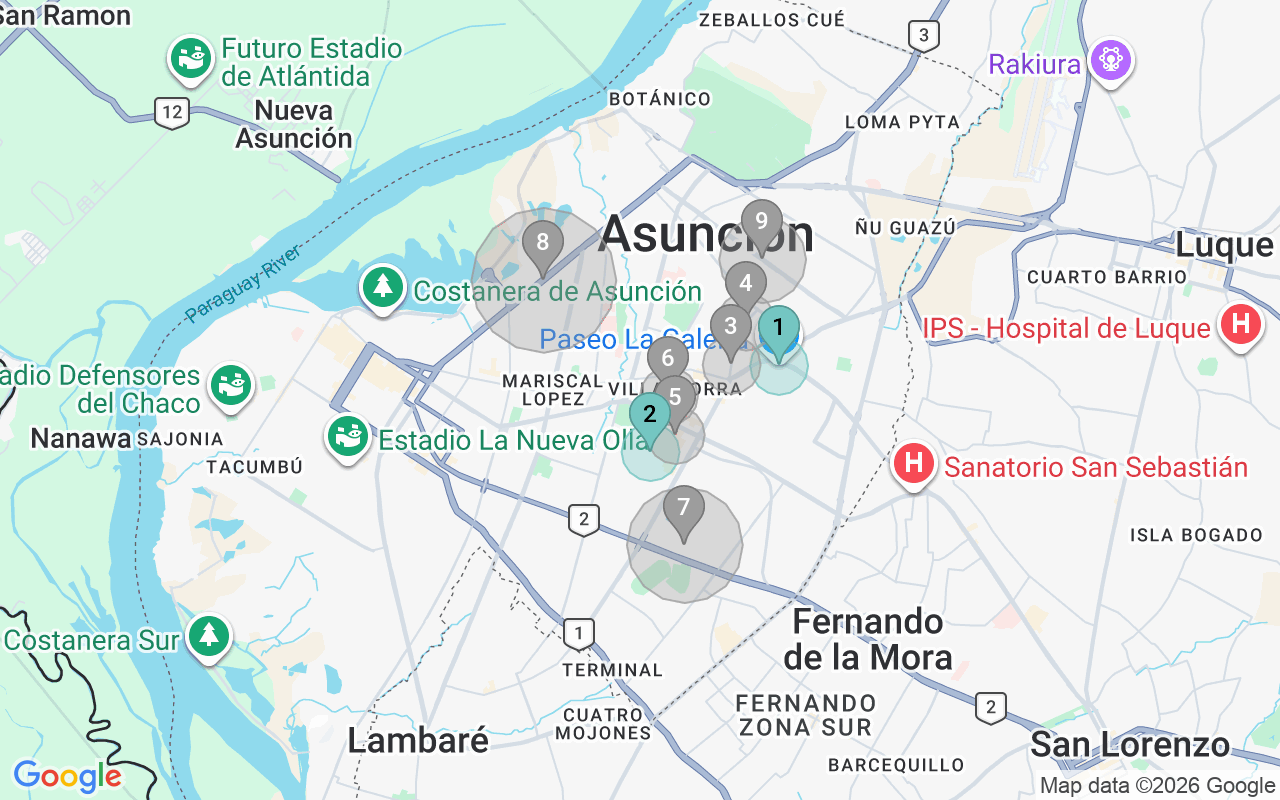 Map of Airbnb guest-review hotspots in Asuncion with location premium circles