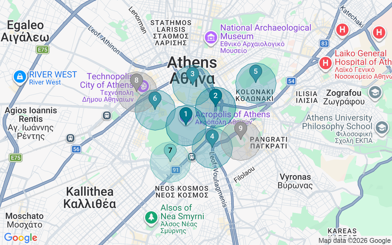 Map of Airbnb guest-review hotspots in Athens with location premium circles
