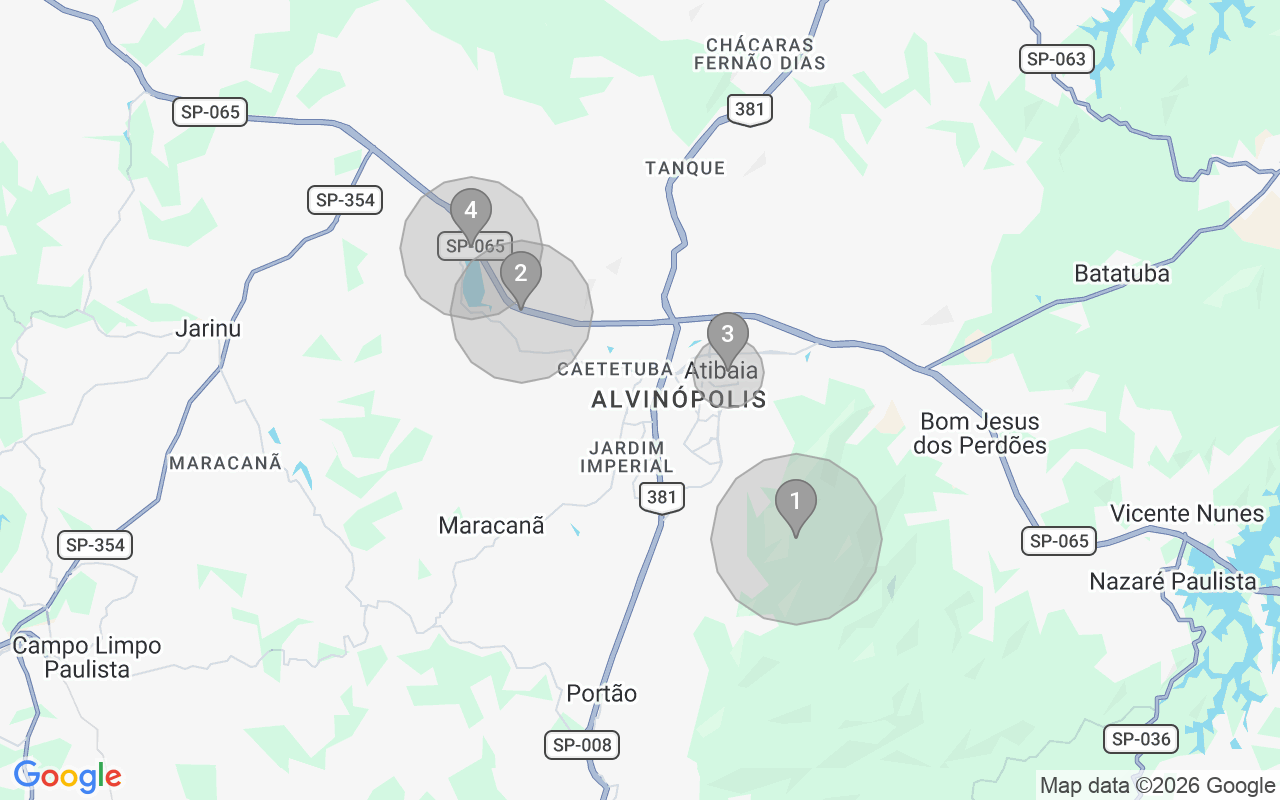 Map of Airbnb guest-review hotspots in Atibaia with location premium circles