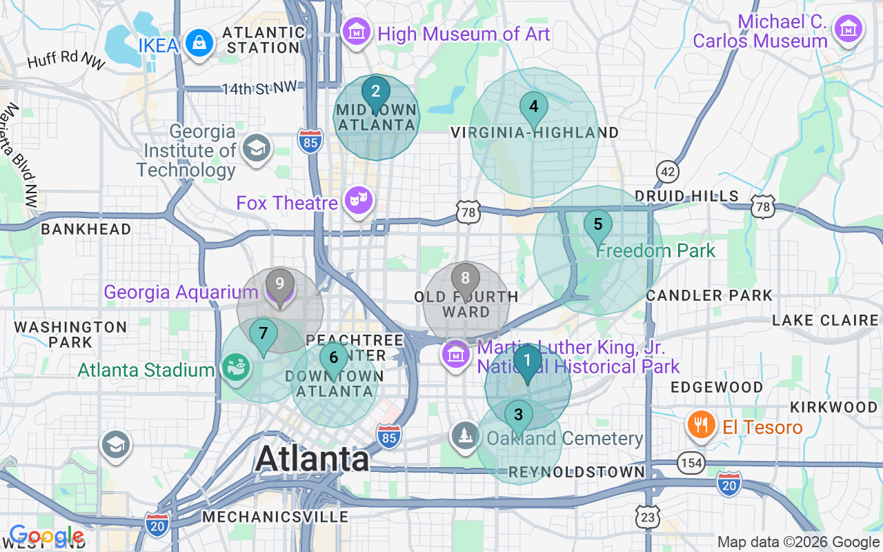 Map of Airbnb guest-review hotspots in Atlanta with location premium circles