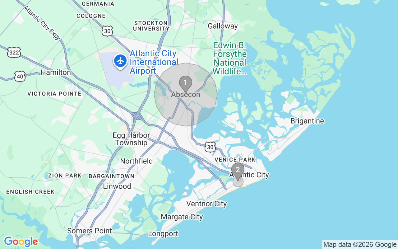 Map of Airbnb guest-review hotspots in Atlantic City-Hammonton with location premium circles