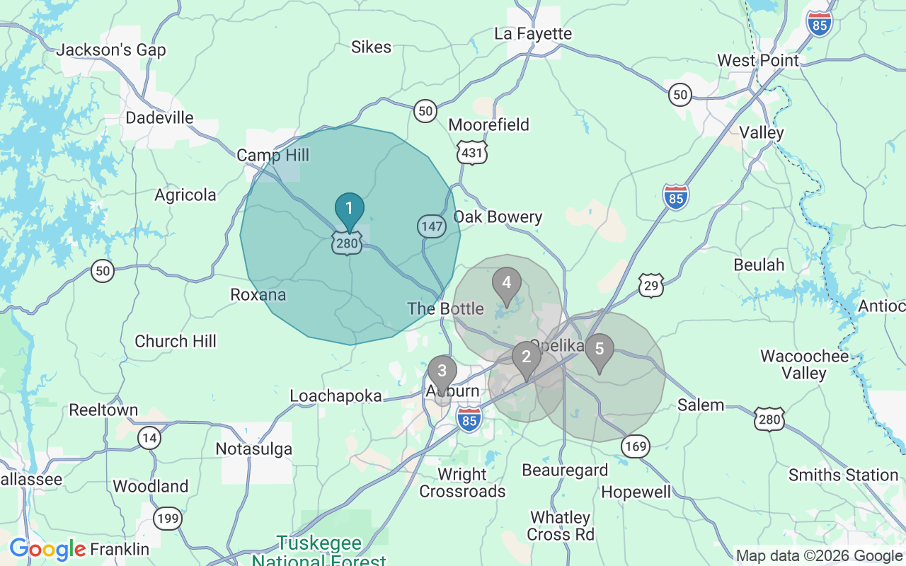 Map of Airbnb guest-review hotspots in Auburn-Opelika with location premium circles
