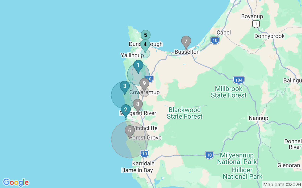 Map of Airbnb guest-review hotspots in Augusta - Margaret River - Busselton with location premium circles