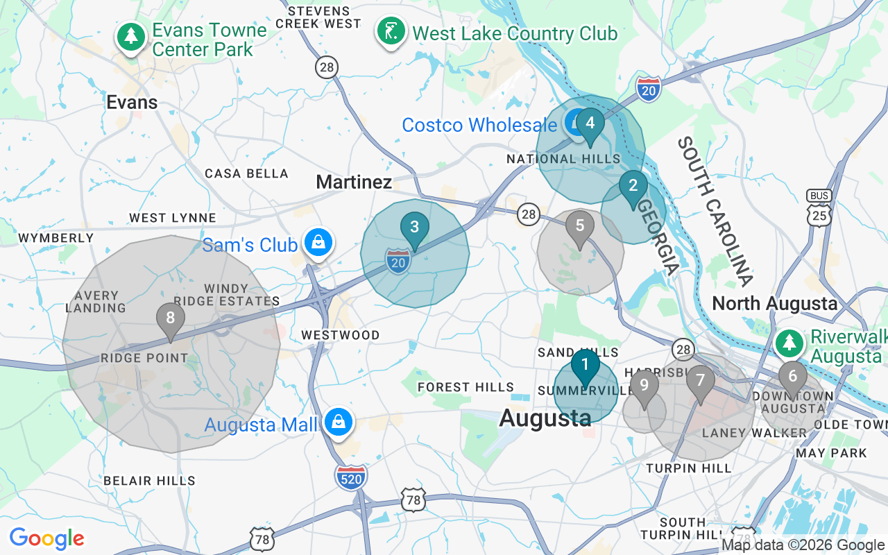 Map of Airbnb guest-review hotspots in Augusta with location premium circles