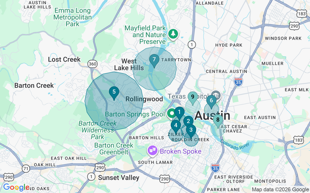 Map of Airbnb guest-review hotspots in Austin with location premium circles